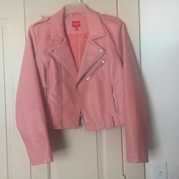 guess pink leather jacket